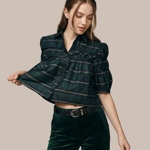 MAEVE The Leandra Taffeta Shirred Yoke Plaid Puff Sleeve Blouse - Dark Green - M